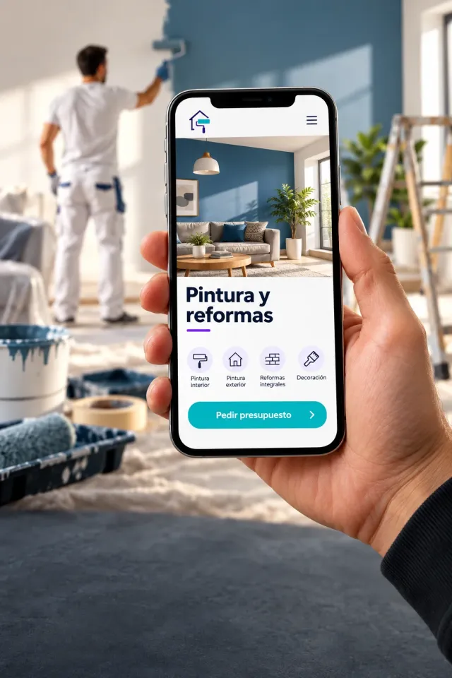 Móvil con una web de demostración de pintura y reformas; al fondo, un pintor trabajando en un salón