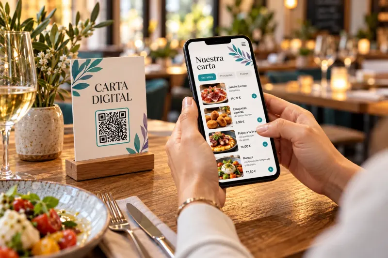 Cartel de carta digital con código QR sobre la mesa de un restaurante y una persona consultando la carta en el móvil