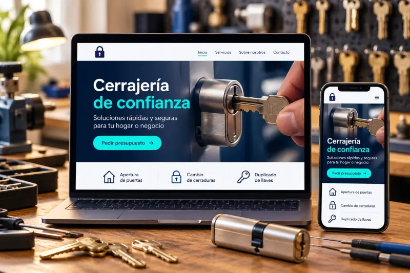 Demostración de web de cerrajería en portátil y móvil, con una llave en un bombín y servicios de apertura, cambio de cerraduras y duplicado de llaves