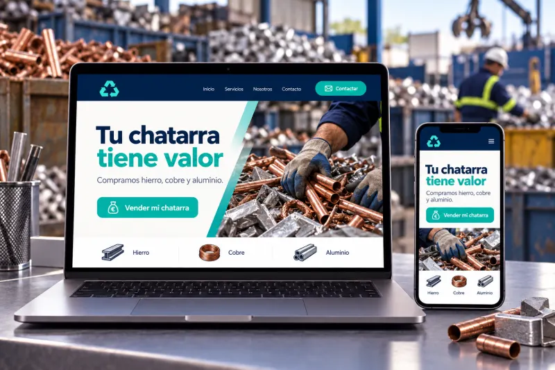 Web de una chatarrería en portátil y móvil, con el titular «Tu chatarra tiene valor» y los materiales hierro, cobre y aluminio