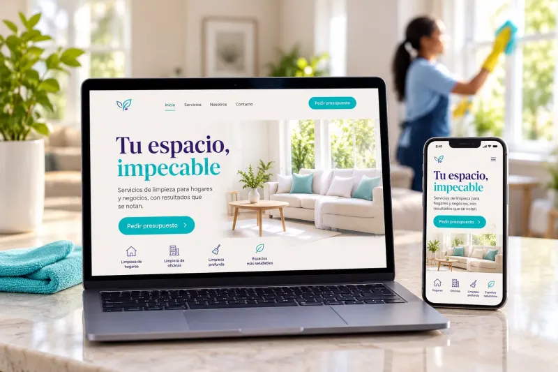 Demostración de web de empresa de limpieza en portátil y móvil, con un salón luminoso y servicios para hogares y oficinas