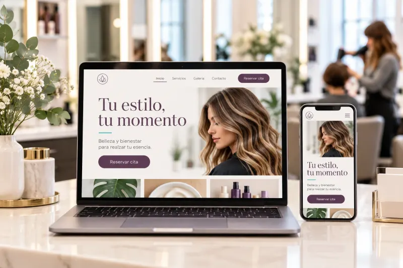 Demostración de web de peluquería y estética en portátil y móvil, con una melena ondulada y el botón «Reservar cita»