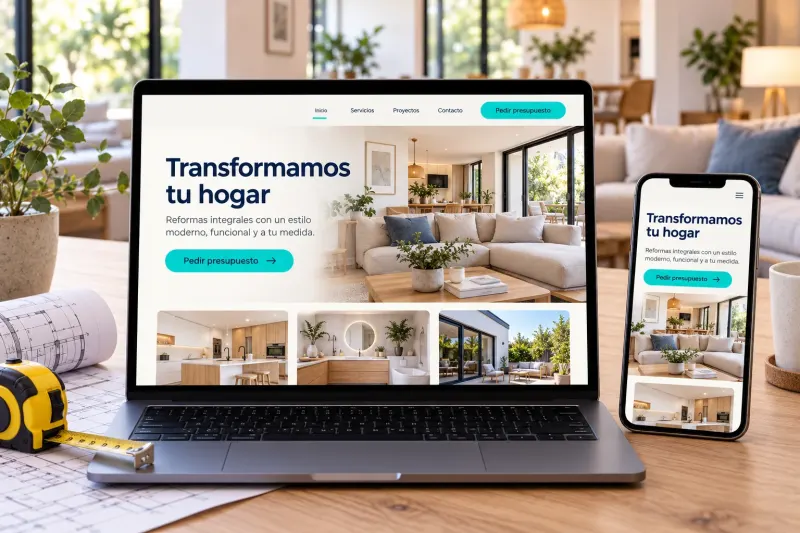 Demostración de web de reformas en portátil y móvil, con fotos de un salón, una cocina y un baño reformados