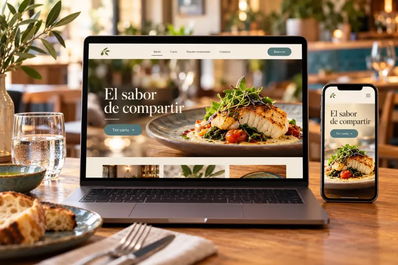 Demostración de web de restaurante en portátil y móvil, con un plato de pescado y el botón «Ver carta»