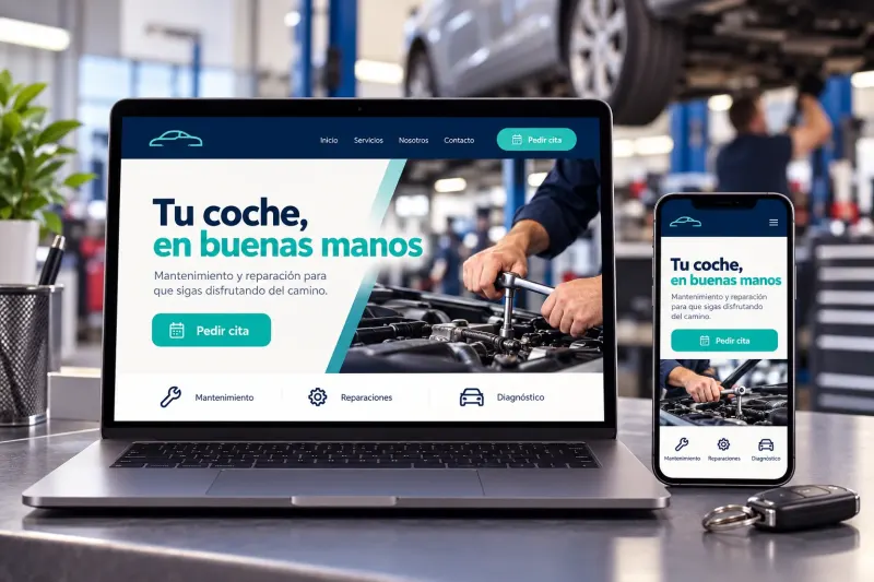 Demostración de web de taller mecánico en portátil y móvil, con un mecánico trabajando en un motor y el botón «Pedir cita»